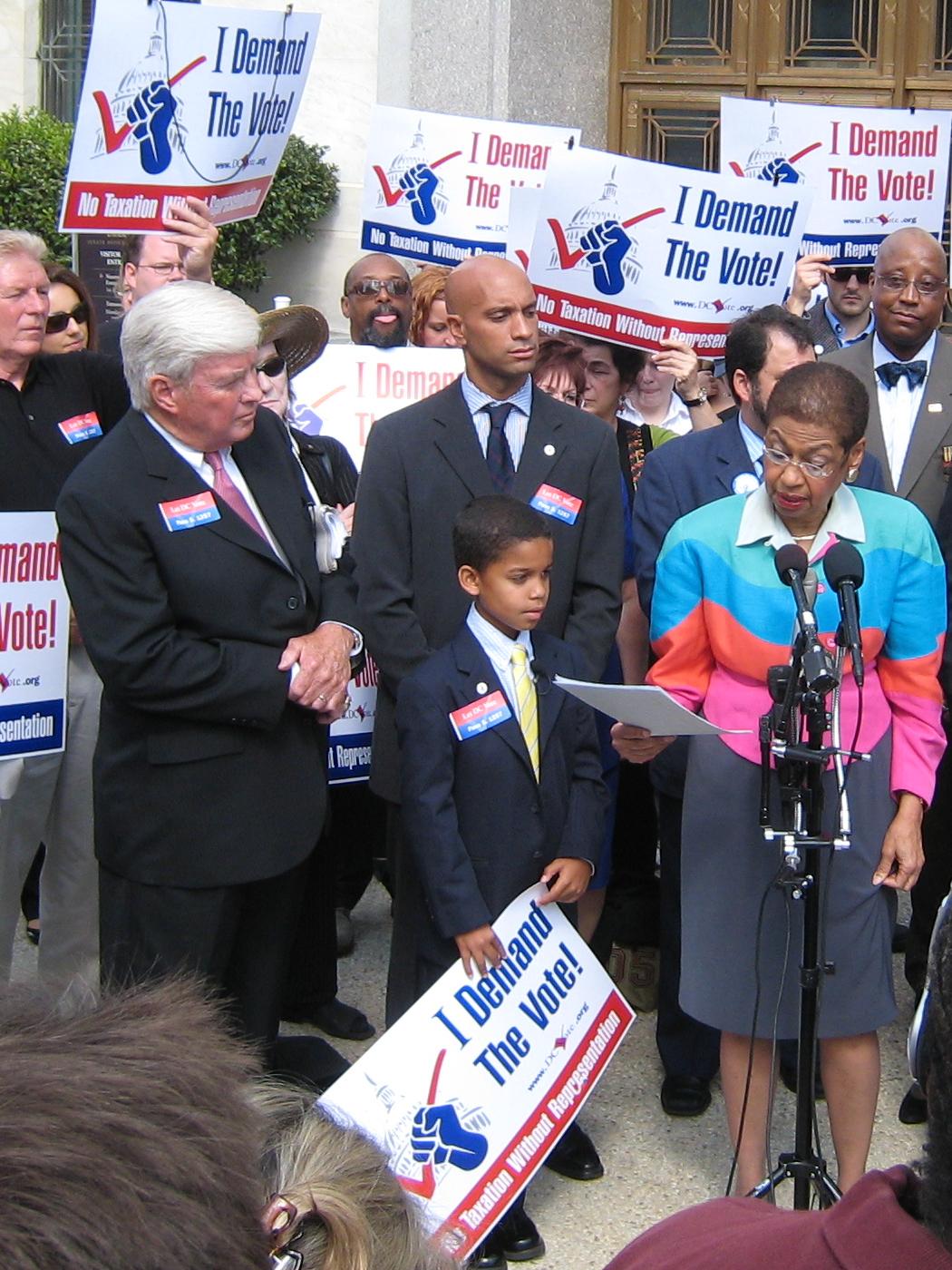 Jack Kemp, Adrian Fenty, and Eleanor Holmes Norton at a DC Vote rally on Capitol Hill in 2007.