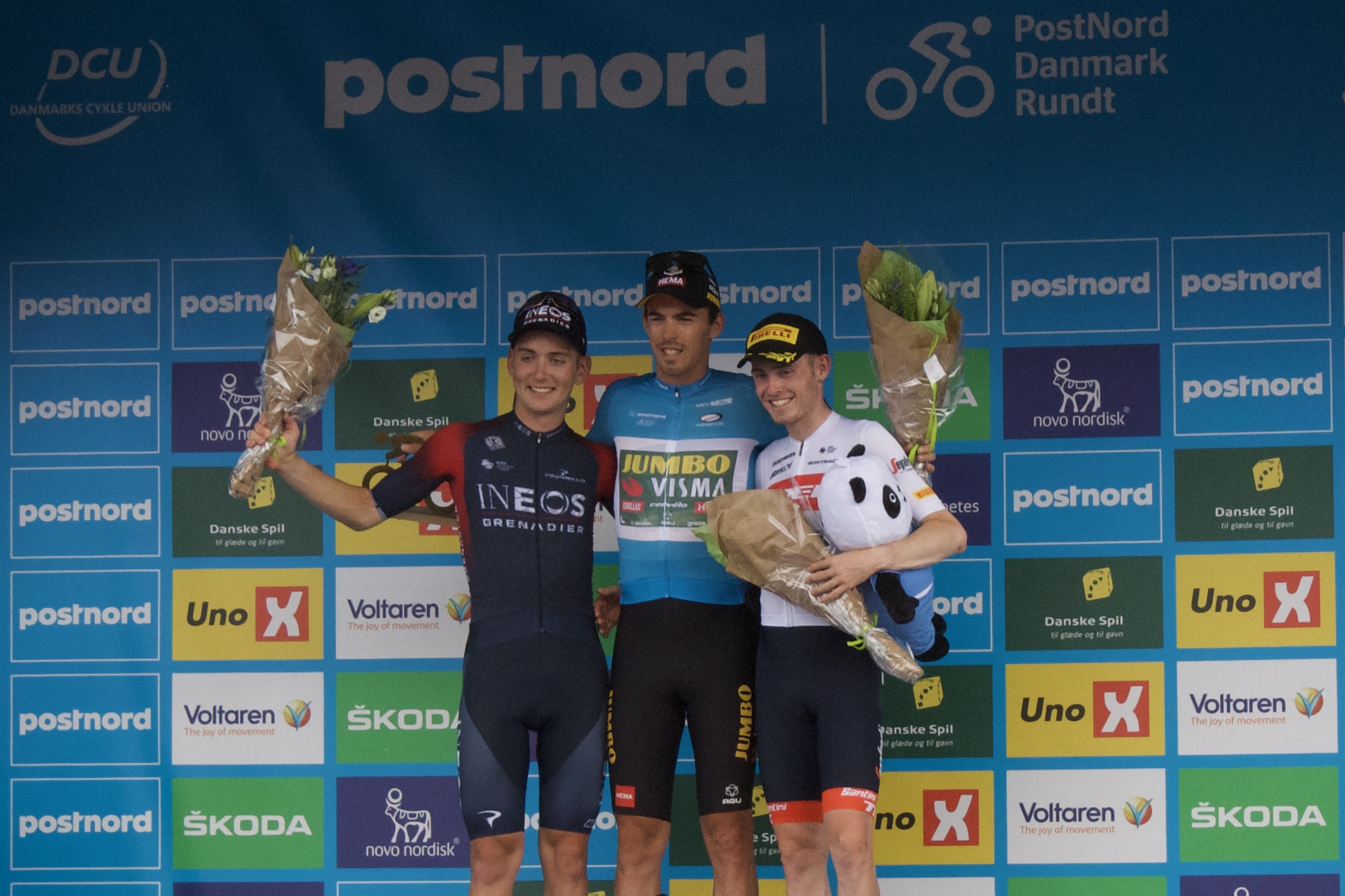 Laporte (centre) won the 2022 Danmark Rundt on the final day, ahead of Magnus Sheffield (left) and Mattias Skjelmose (right)