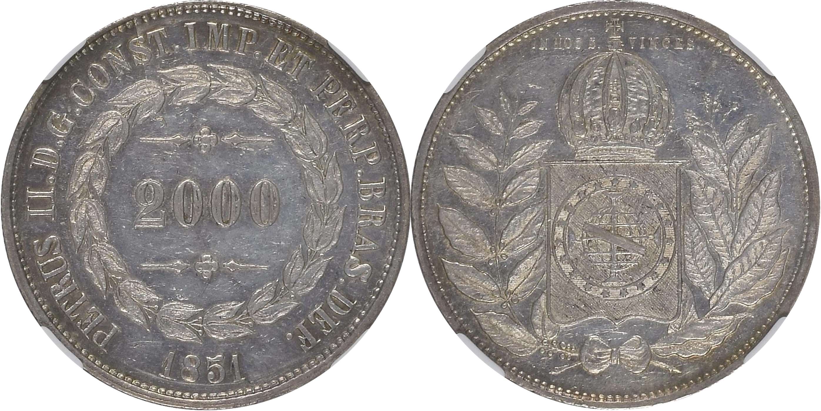 Duit syiling perak 2000 reis, dicetak pada tahun 1851 pada awal pemerintahan Pedro II