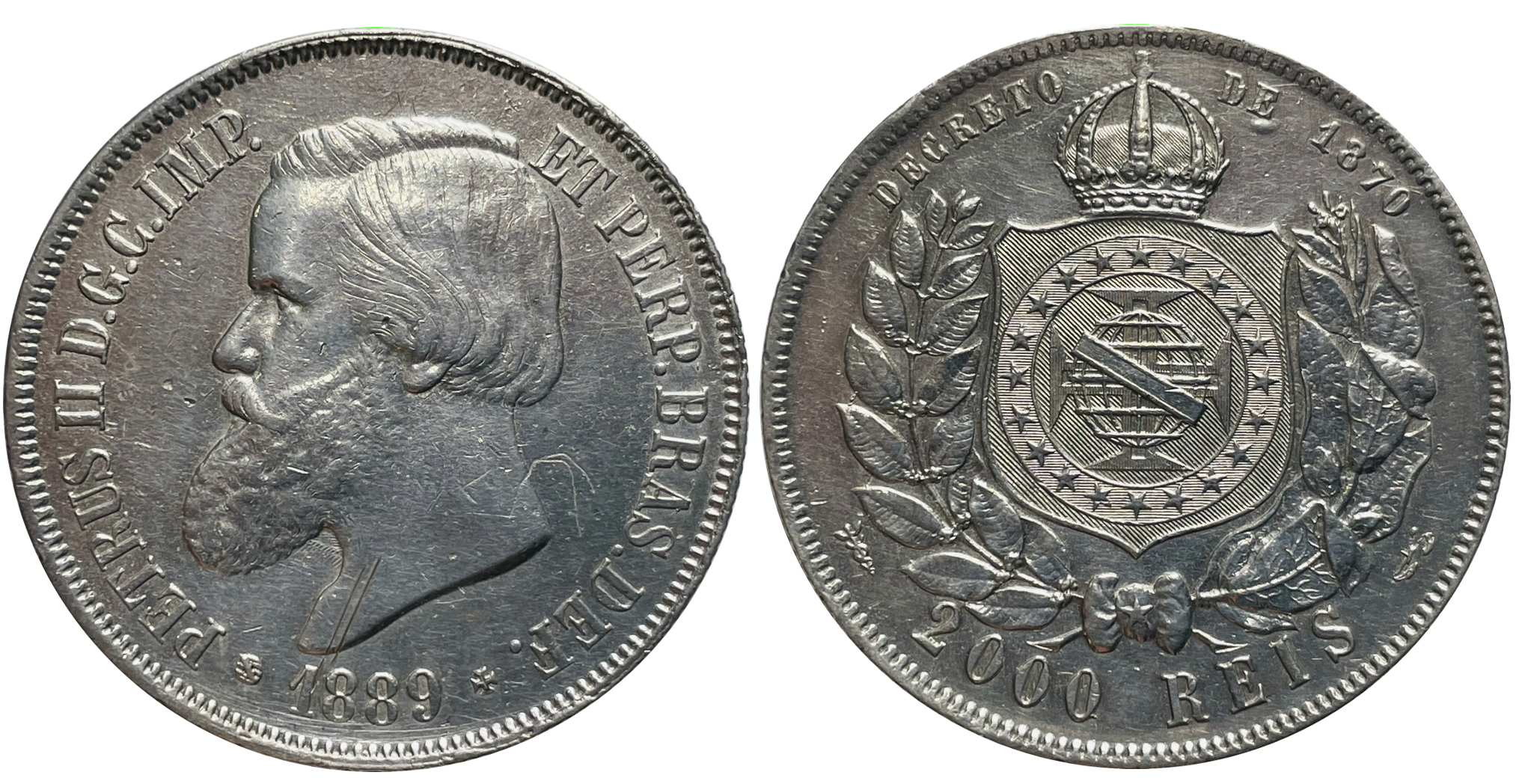 Duit syiling perak 2000 reis, bahagian hadapan adalah potret raja Pedro II dari Empayar Brazil, dicetak pada tahun 1889 - pada akhir pemerintahannya