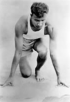 Chinmoy in his youth at the start of a sprint.