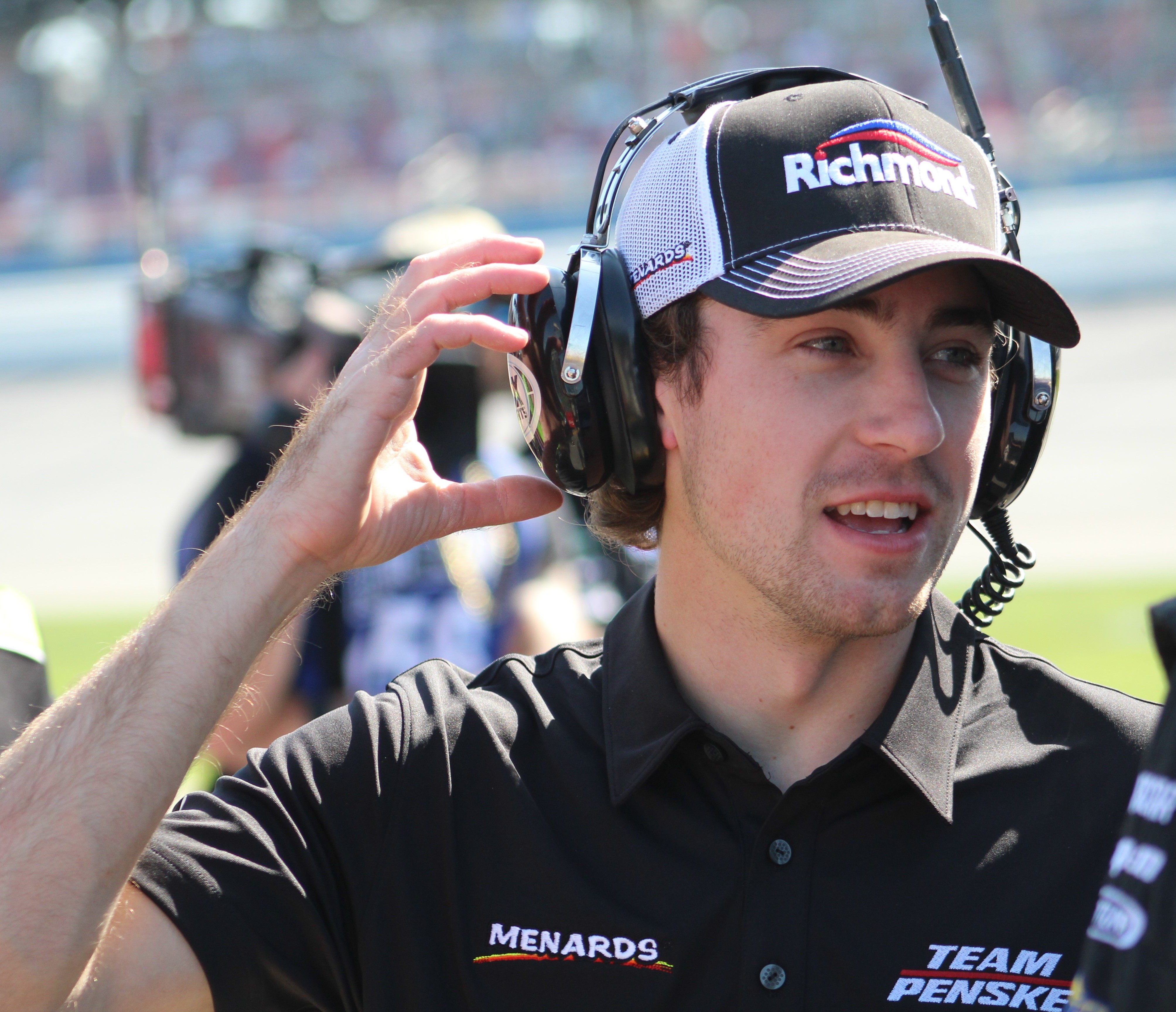 Blaney participating in the driver-only broadcast at the 2018 Xfinity Talladega race