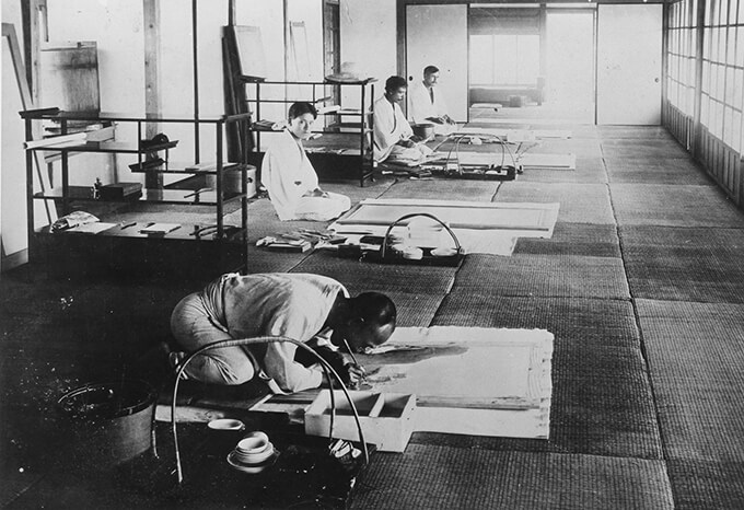 이즈라의 일본 미술원 연구소 (왼쪽부터) 기무라 부잔, 히시다 슌소, 요코야마 다이칸, 시모무라 간잔 (1909년).