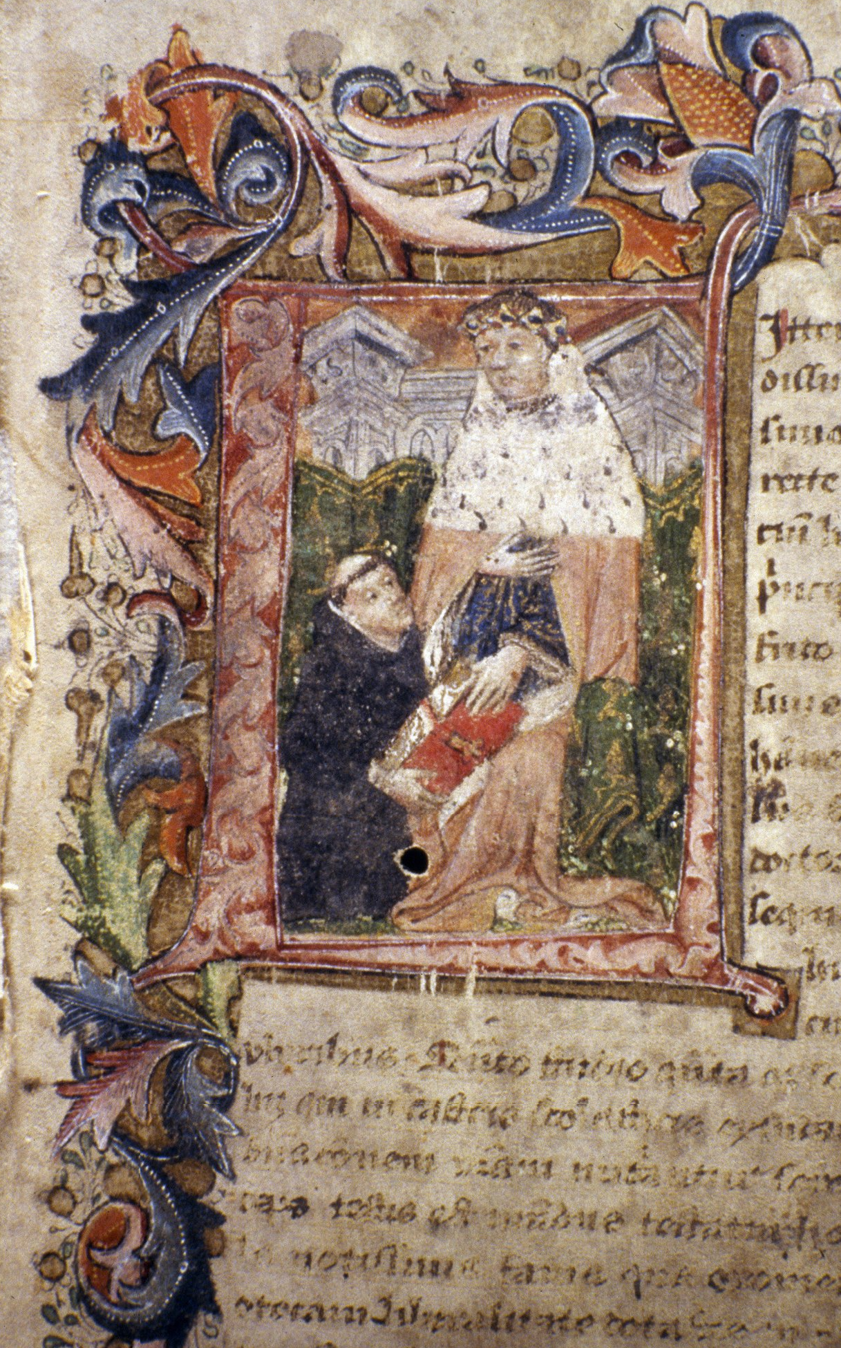 Historiated initial from John Capgrave's Commentary on Exodus (circa 1440) showing Capgrave presenting his book to Humphrey. This is one of three remaining volumes from Duke Humfrey's Library.