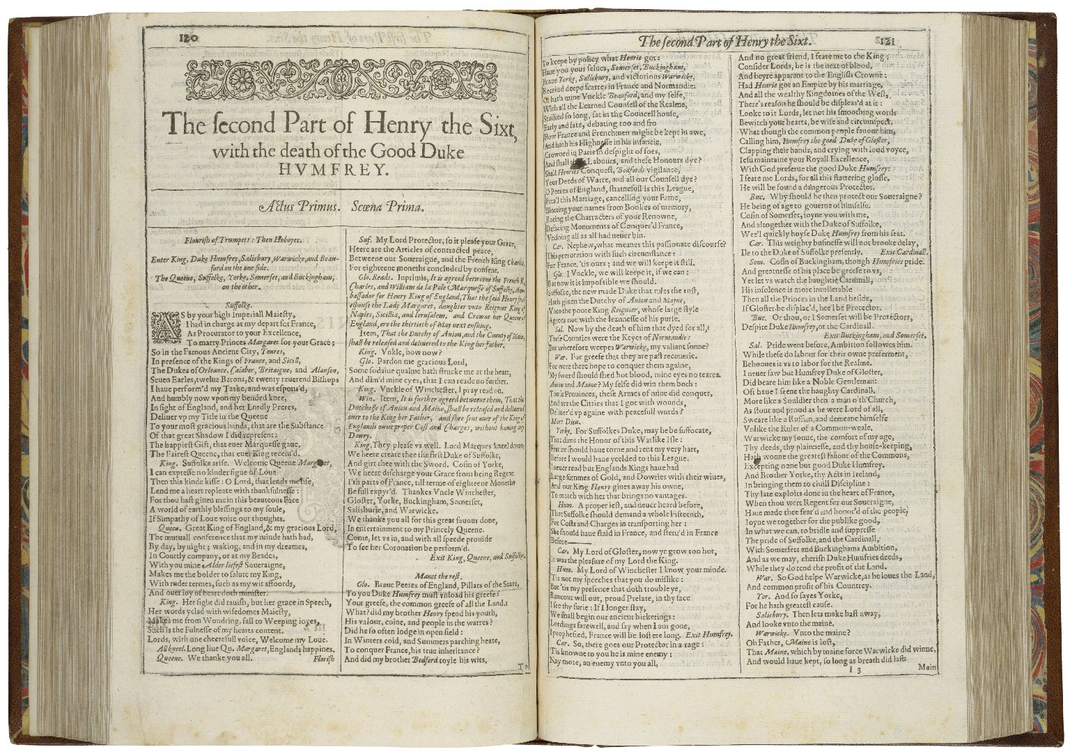 The first page of the First Folio of the plays of William Shakespeare, illustrating Henry VI, Part 2, with a subtitle emphasizing Humphrey's death