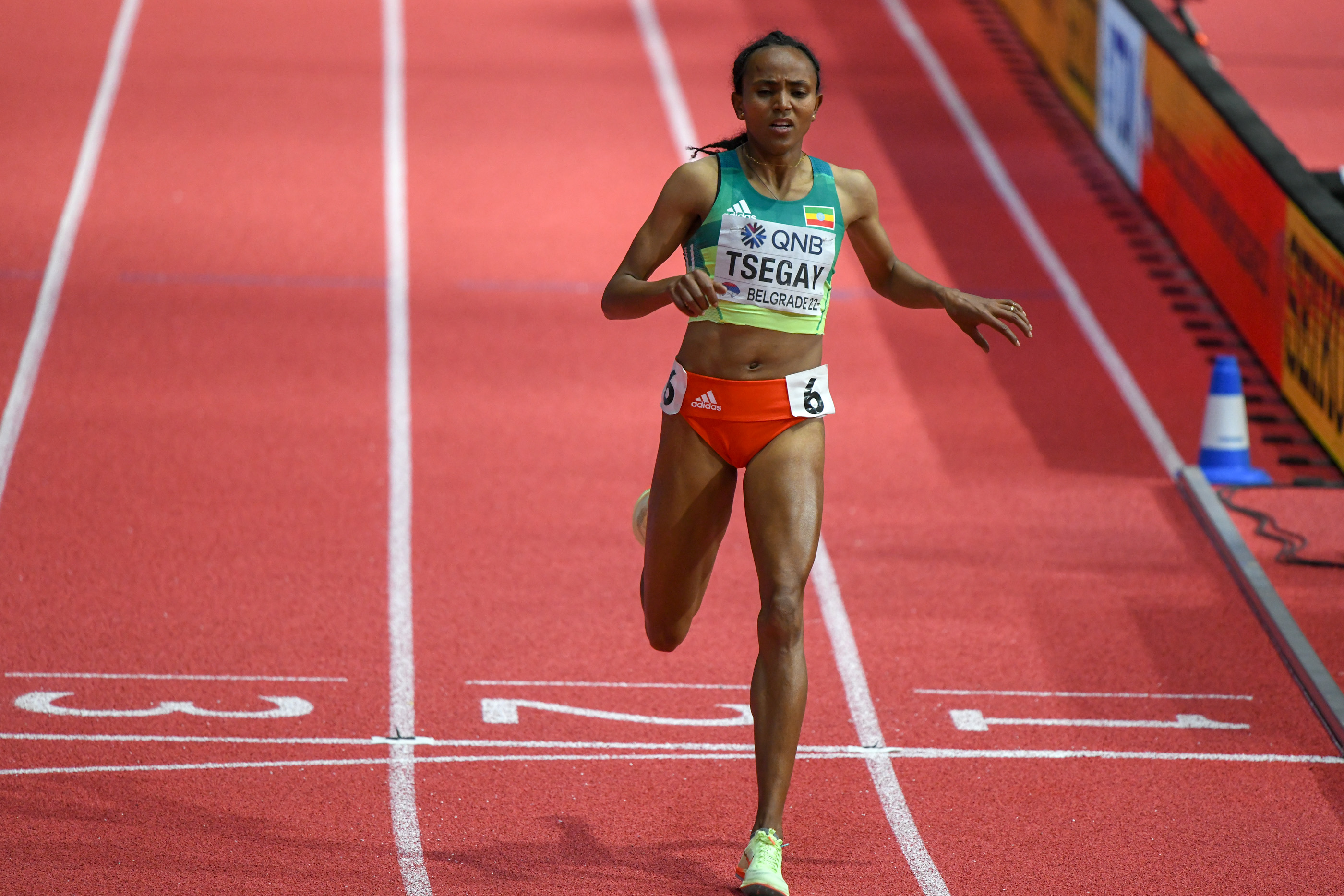 Gudaf Tsegay winning the 1500m at the 2022 World Athletics Indoor Championships in Belgrade.