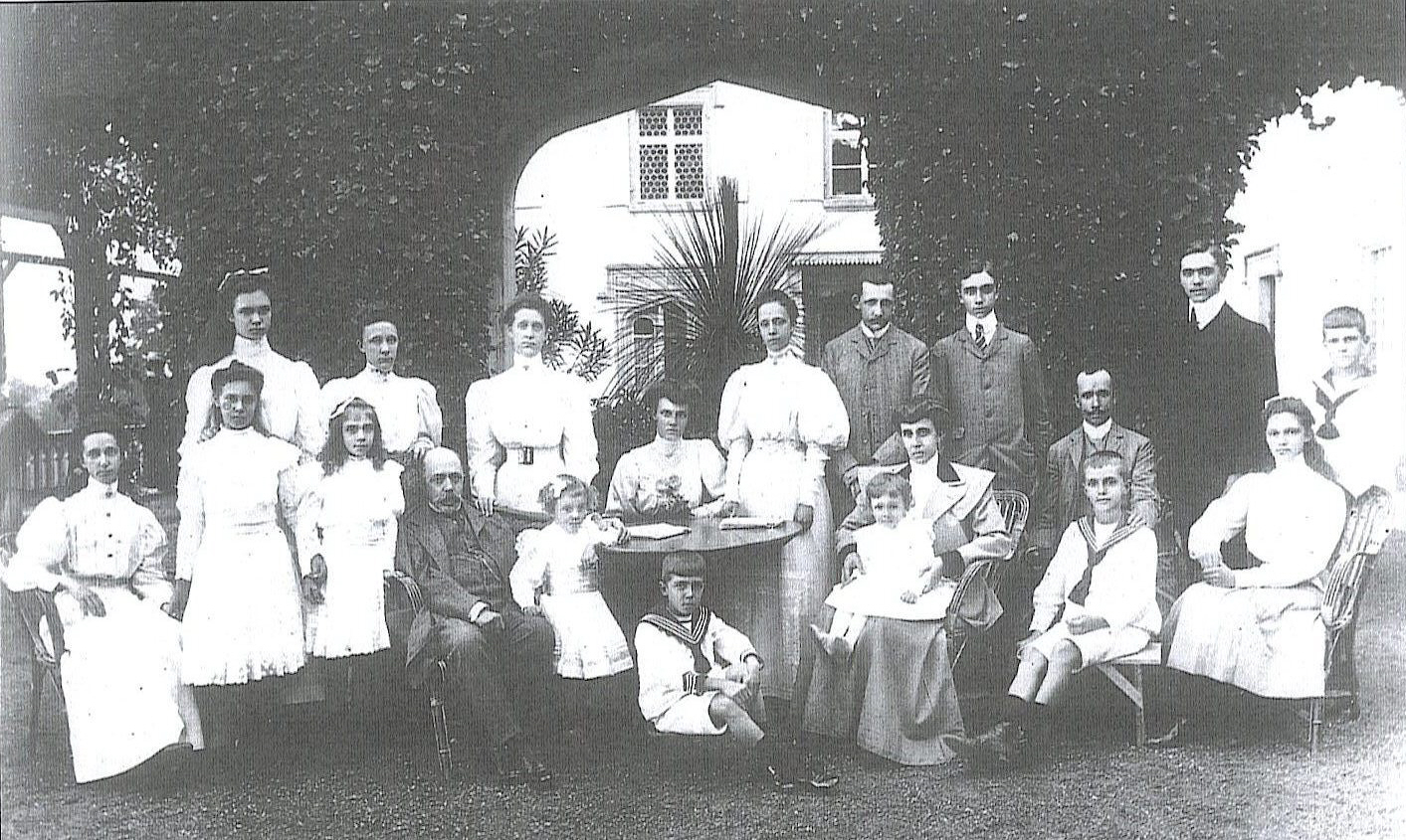 The family of Robert I, Duke of Parma. From left to right, first row: Immacolata, Antonia, Isabella, Duke Robert, Henrietta, Luigi, Gaetano, Duchess Maria Antonia, Renato, Zita (sitting on the far right). From left to right, second row: Francesca, Pia, Luisa, Adelaide, Teresa, Joseph, Xavier, Henry, Sixtus, Felix. Villa Pianore, 1906.