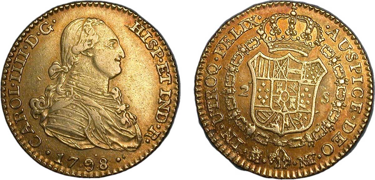カルロス4世の肖像が描かれた2エスクード金貨(1798年)