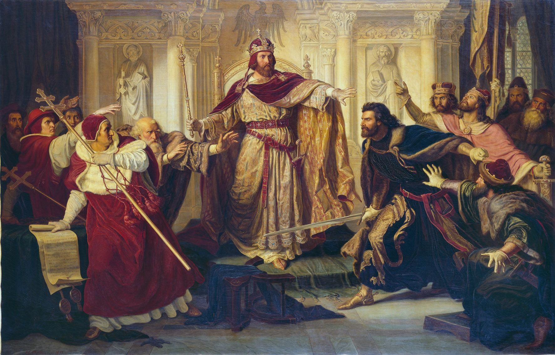 Frederick Barbarossa prevents Otto from striking Cardinal Roland at the Diet of Besançon (1859 painting by Hermann Plüddemann)