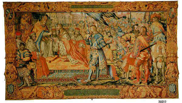 Frederick Barbarossa grants the Duchy of Bavaria to Otto on 16 September 1180. (Tapestry from 1610 in the Munich Residenz)