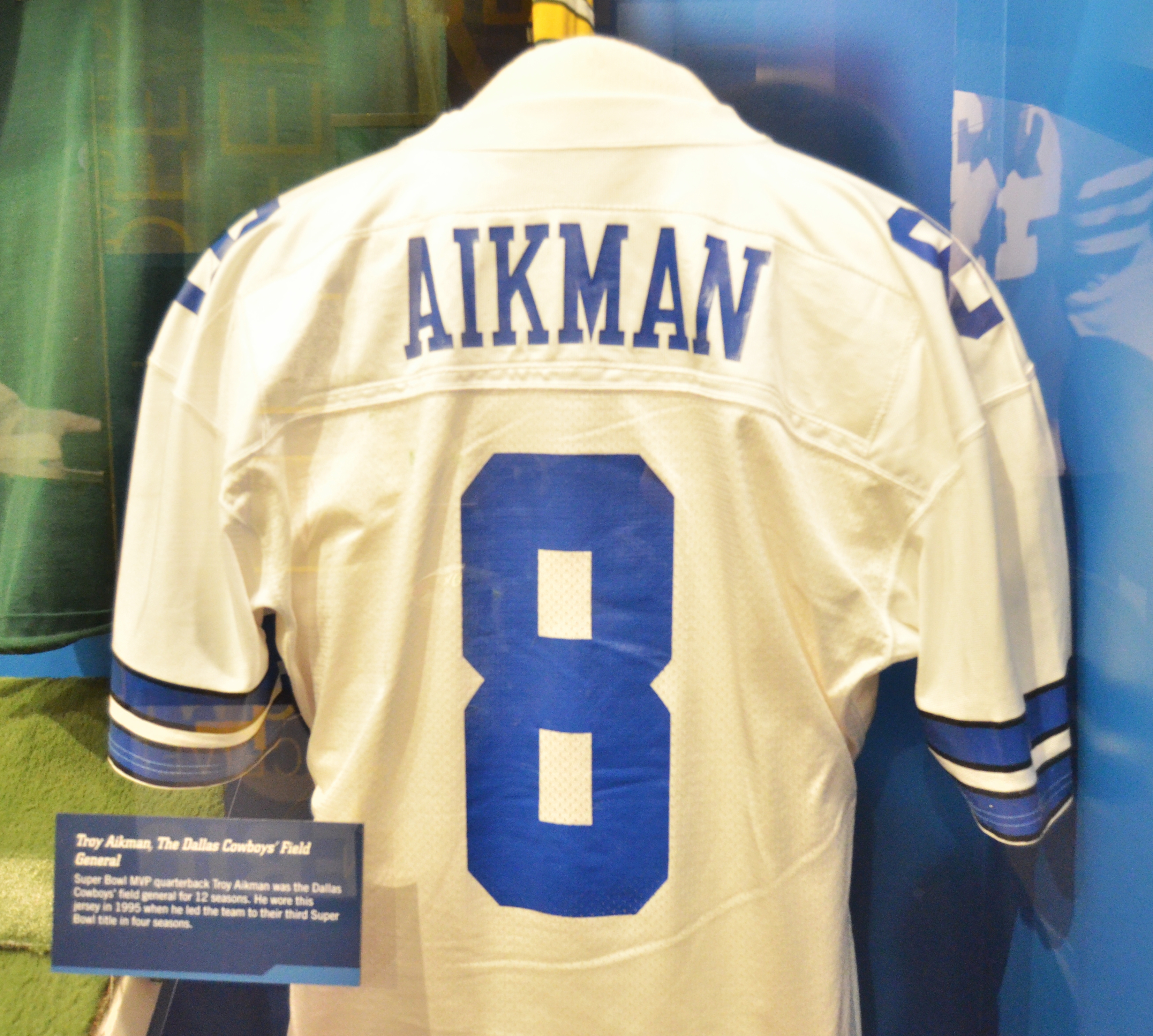 Troy Aikman's jersey from the 1995 season, exhibited at the Pro Football Hall of Fame in Canton, Ohio.