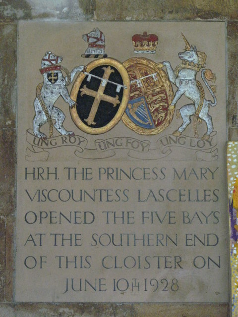 Plaque in the cloister of St Bartholomew-the-Great, London, marking the opening of five new bays by Viscountess Lascelles in 1928.