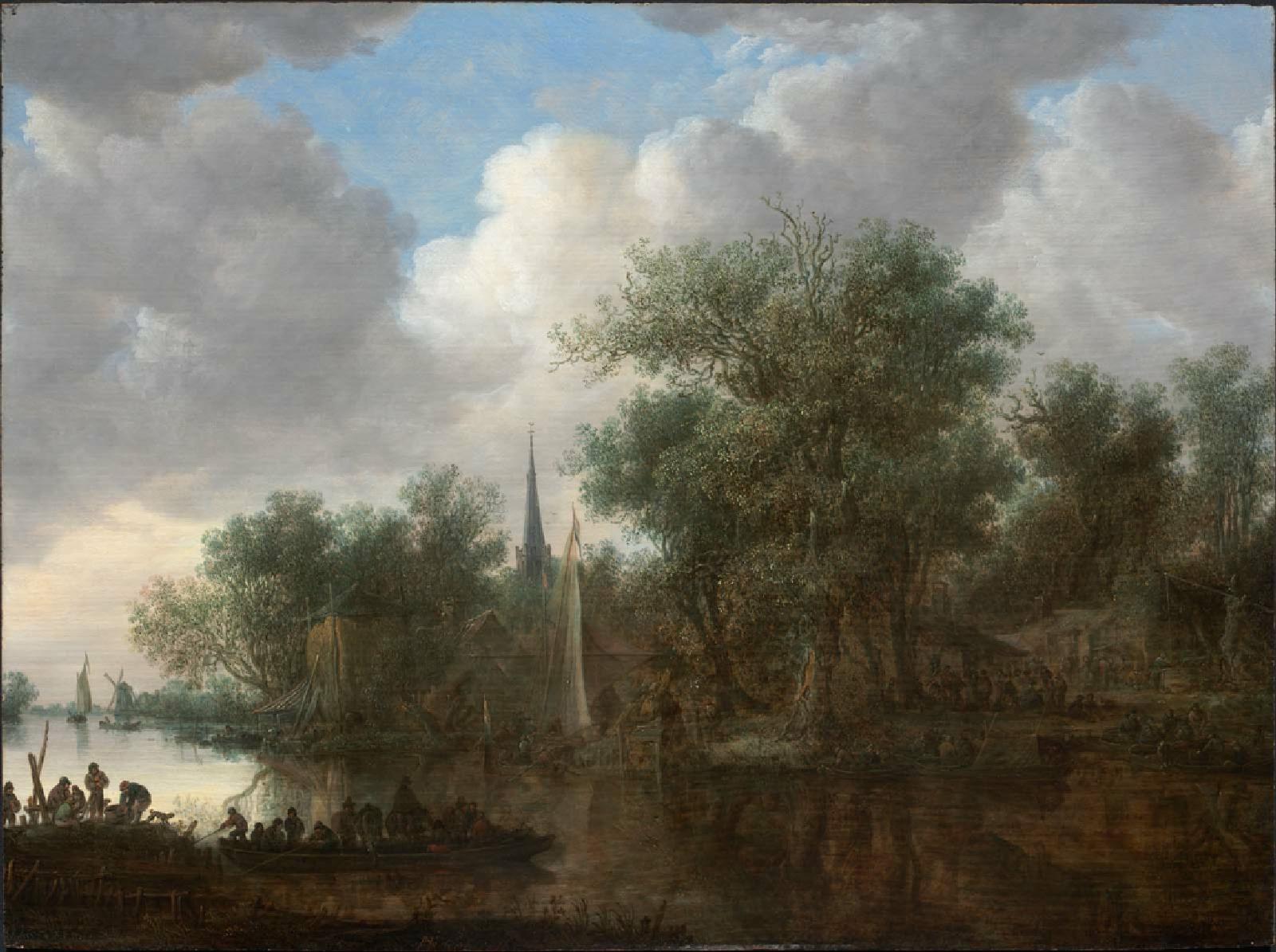 『川の風景、岸辺のボートとコテージ』(1648年)、油彩、板、54 cm x 73.7 cm、ボストン美術館所蔵