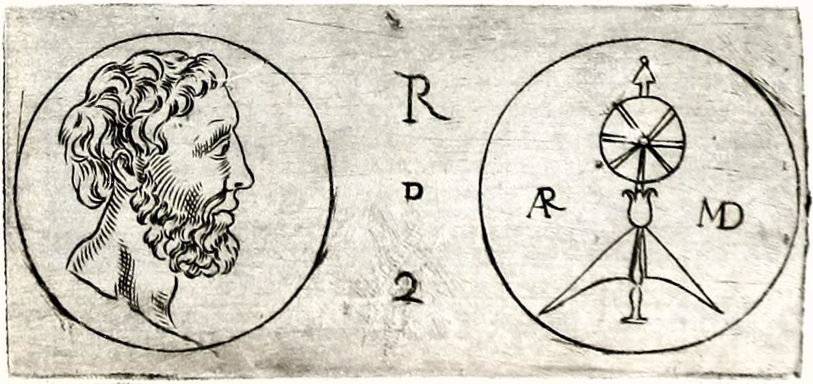 1612 drawing of a now-lost bronze coin depicting Archimedes.