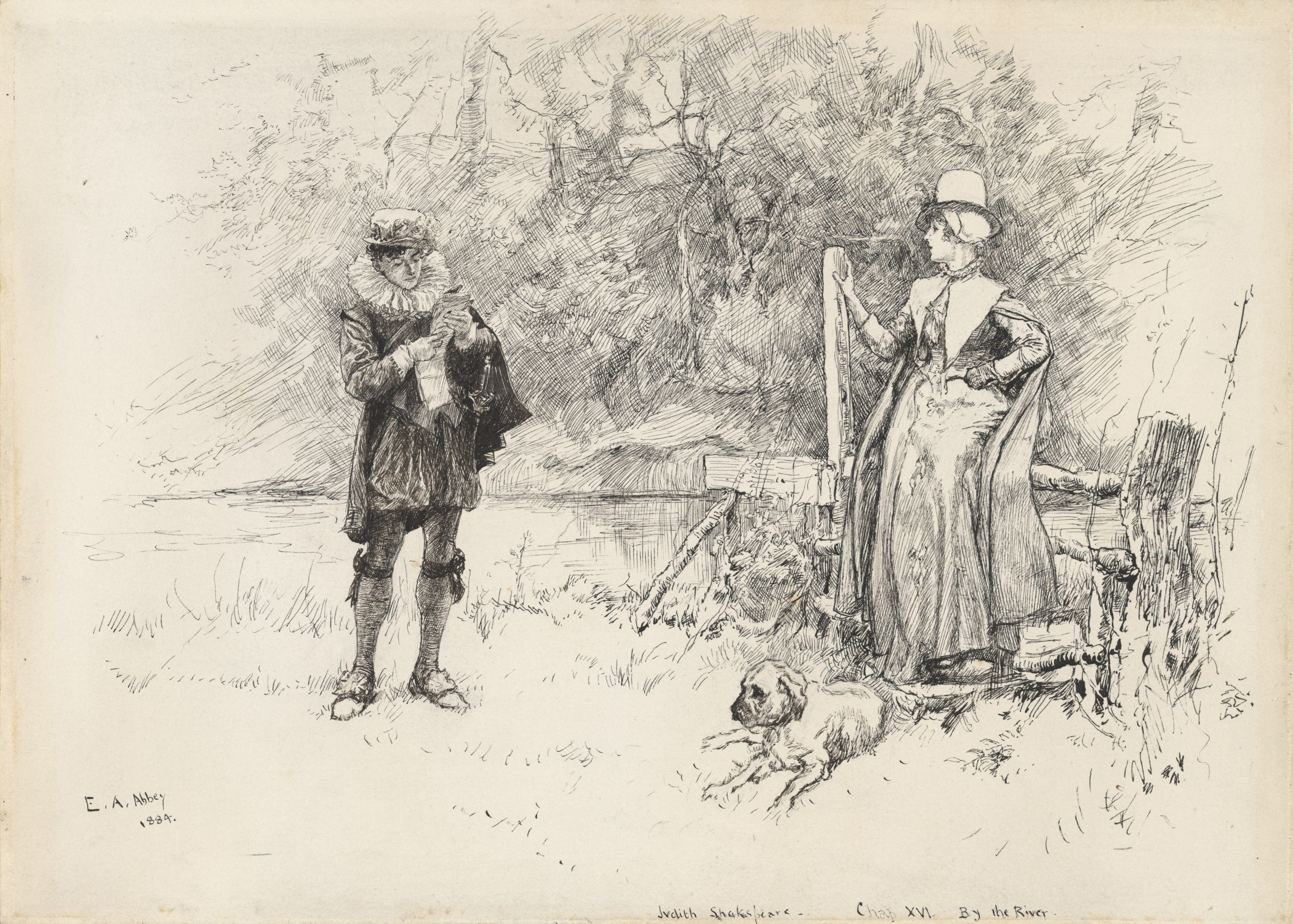 Judith unwisely allows a young man to have a preliminary look at her father's manuscript of The Tempest, a scene from William Black's Judith Shakespeare, illustrated by Edwin Austin Abbey.