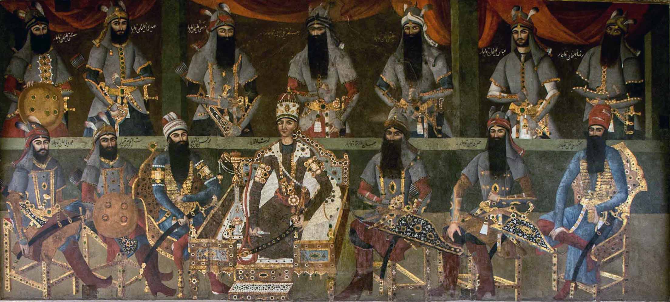 Lukisan Agha Mohammad Khan dengan para pengikutnya.