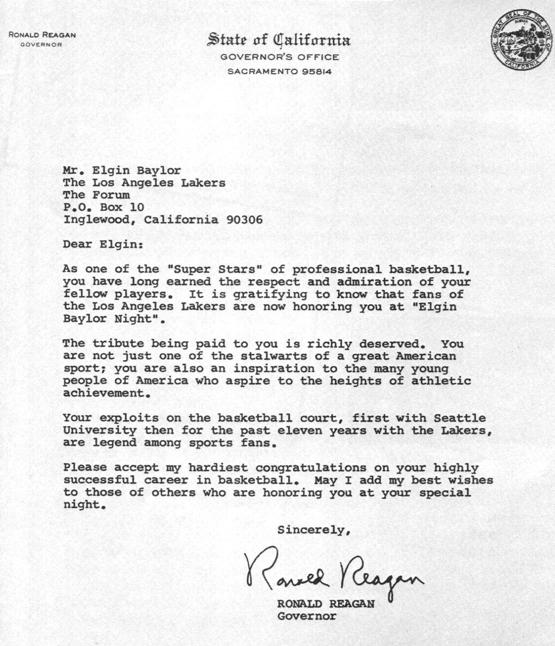 Surat daripada Gabenor California Ronald Reagan kepada Elgin Baylor