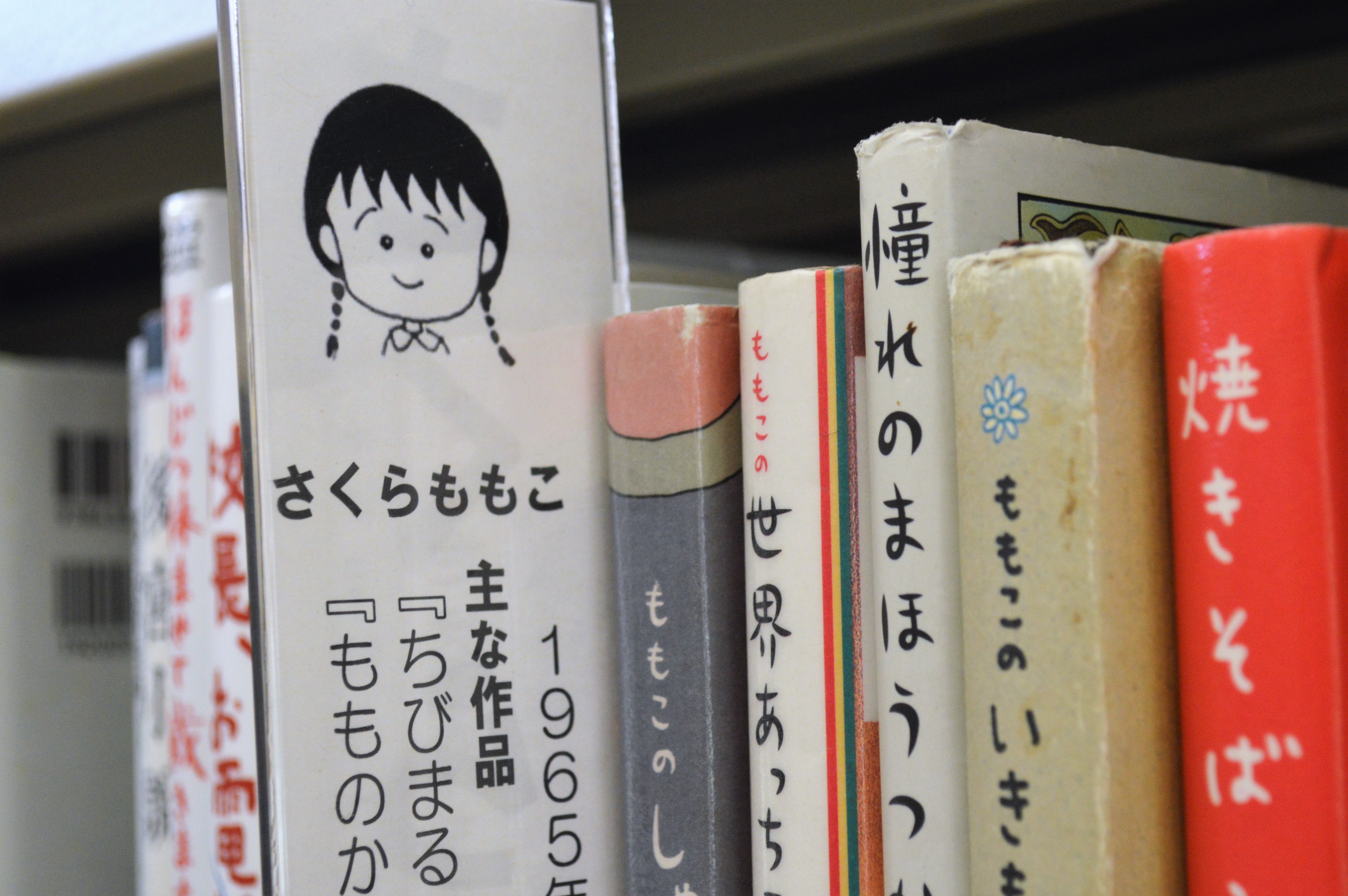 Rak pajangan beberapa karya esai terkemuka Momoko Sakura di perpustakaan lokal di desa Matsukawa, Prefektur Nagano.