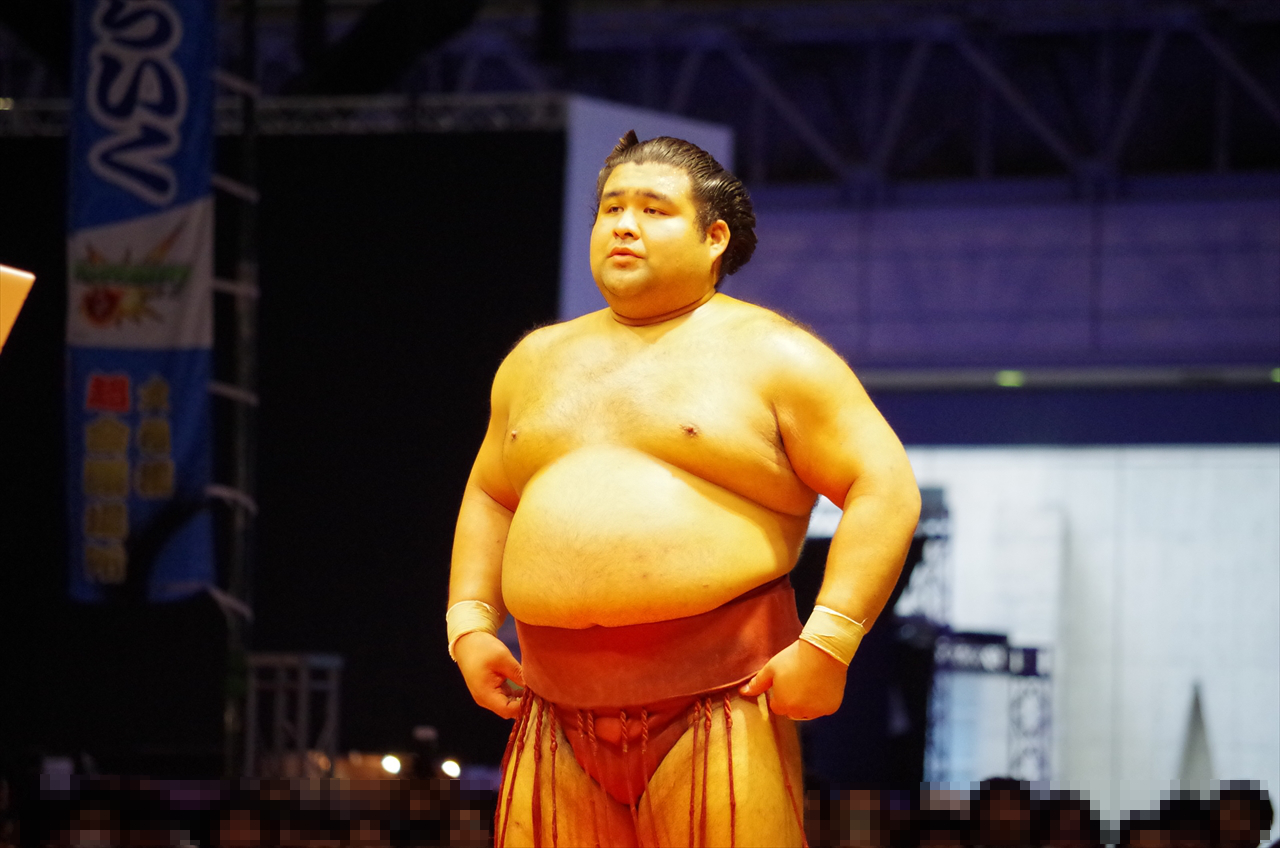 Takayasu receiving an award after winning the Makuuchi Tournament at Niconico Chokaigi Sumo (April 26, 2015)